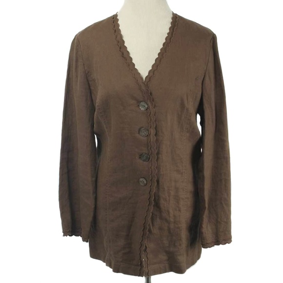 J. JILL Brown 100% Linen Scallop Edge Tunic Jacket - Picture 1 of 4